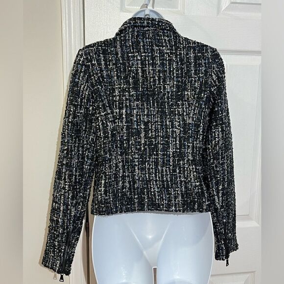 Express Black White Blue Metallic Sparkle Tweed Moto Jacket Coat Size Small - Picture 4 of 12
